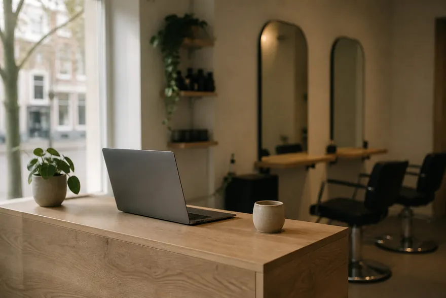 Balie van een salon met een open laptop bij het raam