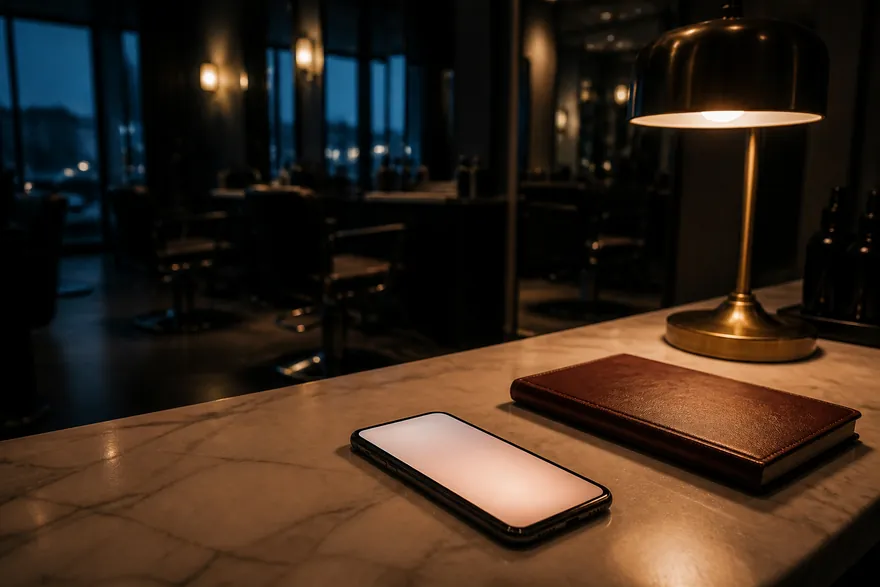 Telefoon op de balie van een salon, na sluitingstijd